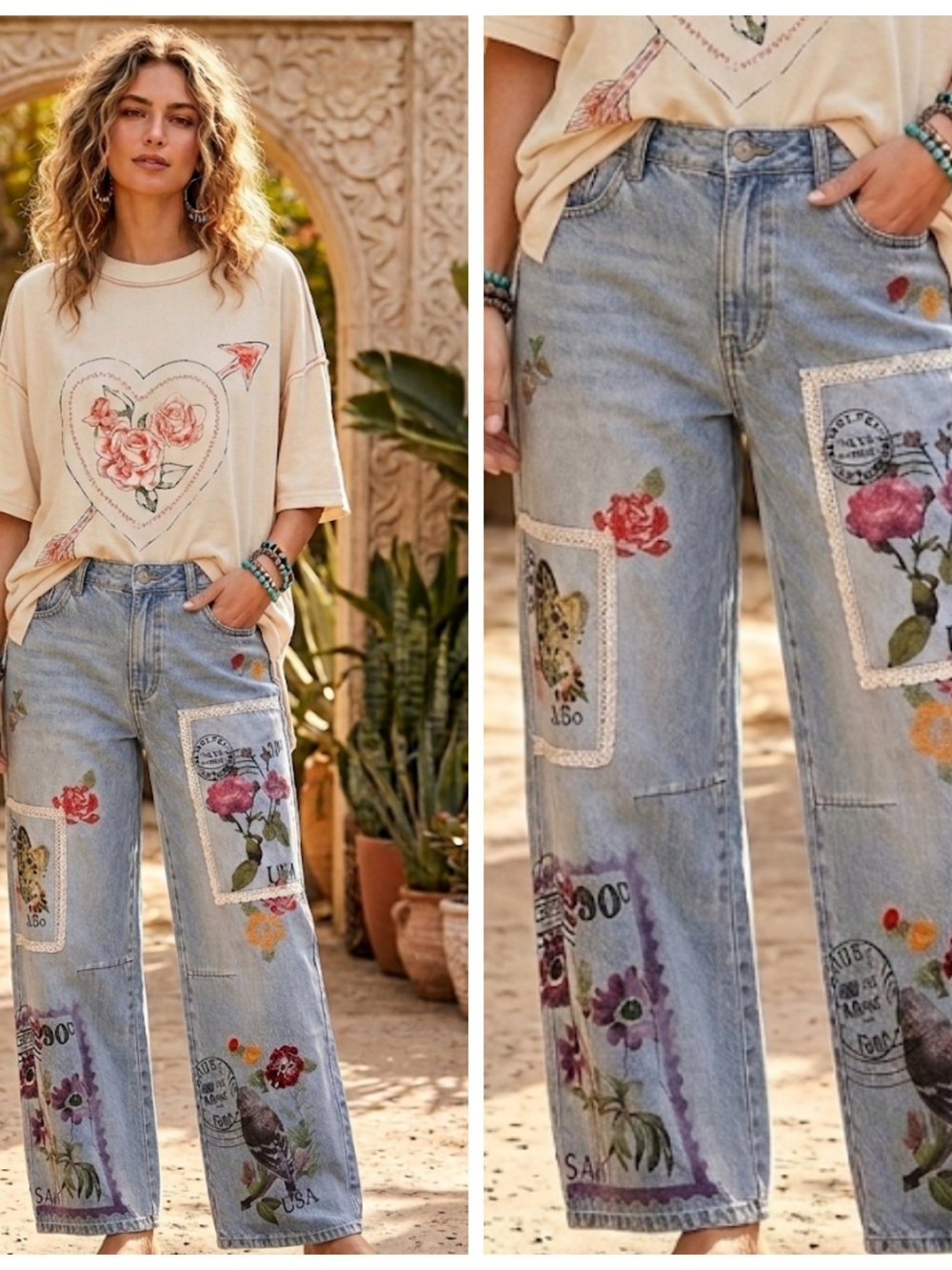 Floral Patchwork Light Blue Wide-Leg Jeans - Women